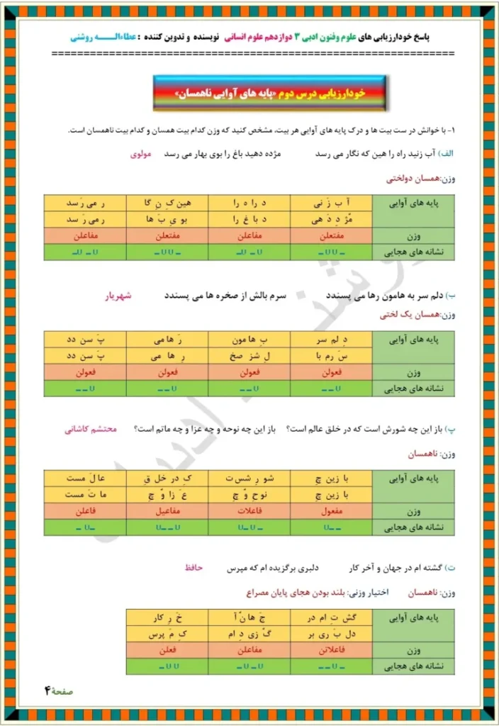 جواب خودارزیابی صفحه ۲۶ ،‌ ۲۷ و ۲۸ درس ۲ دوم علوم و فنون ادبی دوازدهم